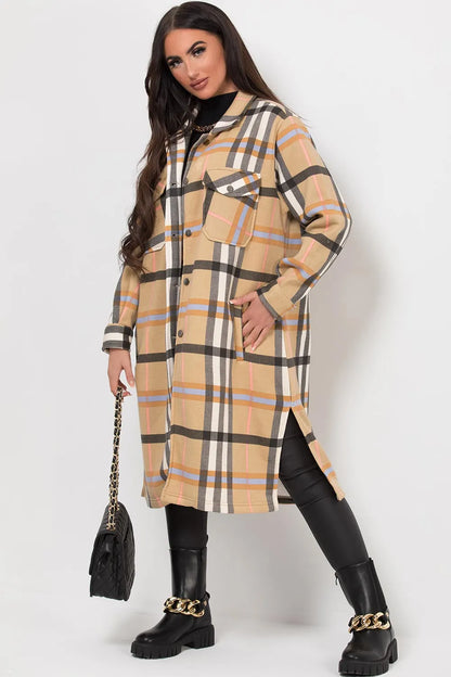 Long Check Shacket Camel