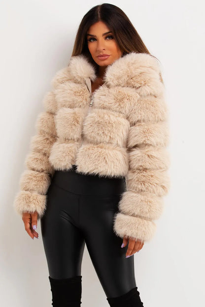Faux Fur Coat With Hood Beige