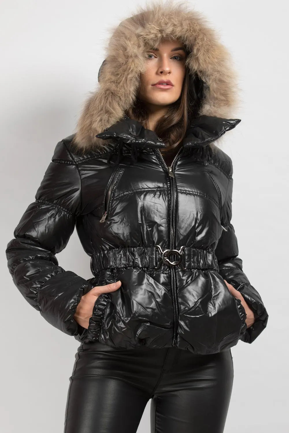 Shiny Puffer Coat With Fur Hood Belted