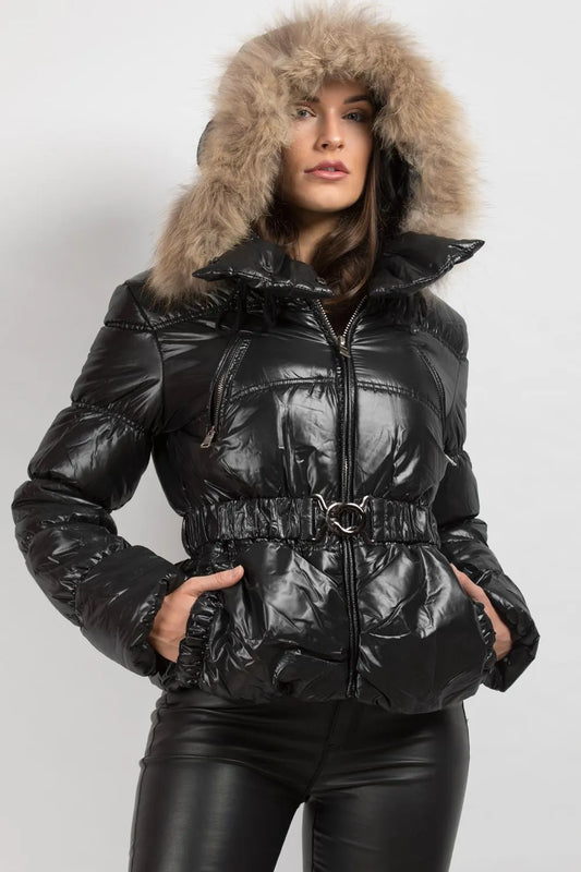 Shiny Puffer Coat With Fur Hood Belted