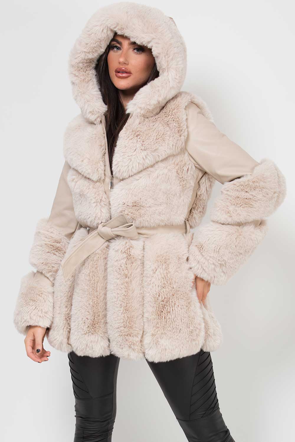 Faux Leather Faux Fur Panel Hooded Jacket With Belt Cream
