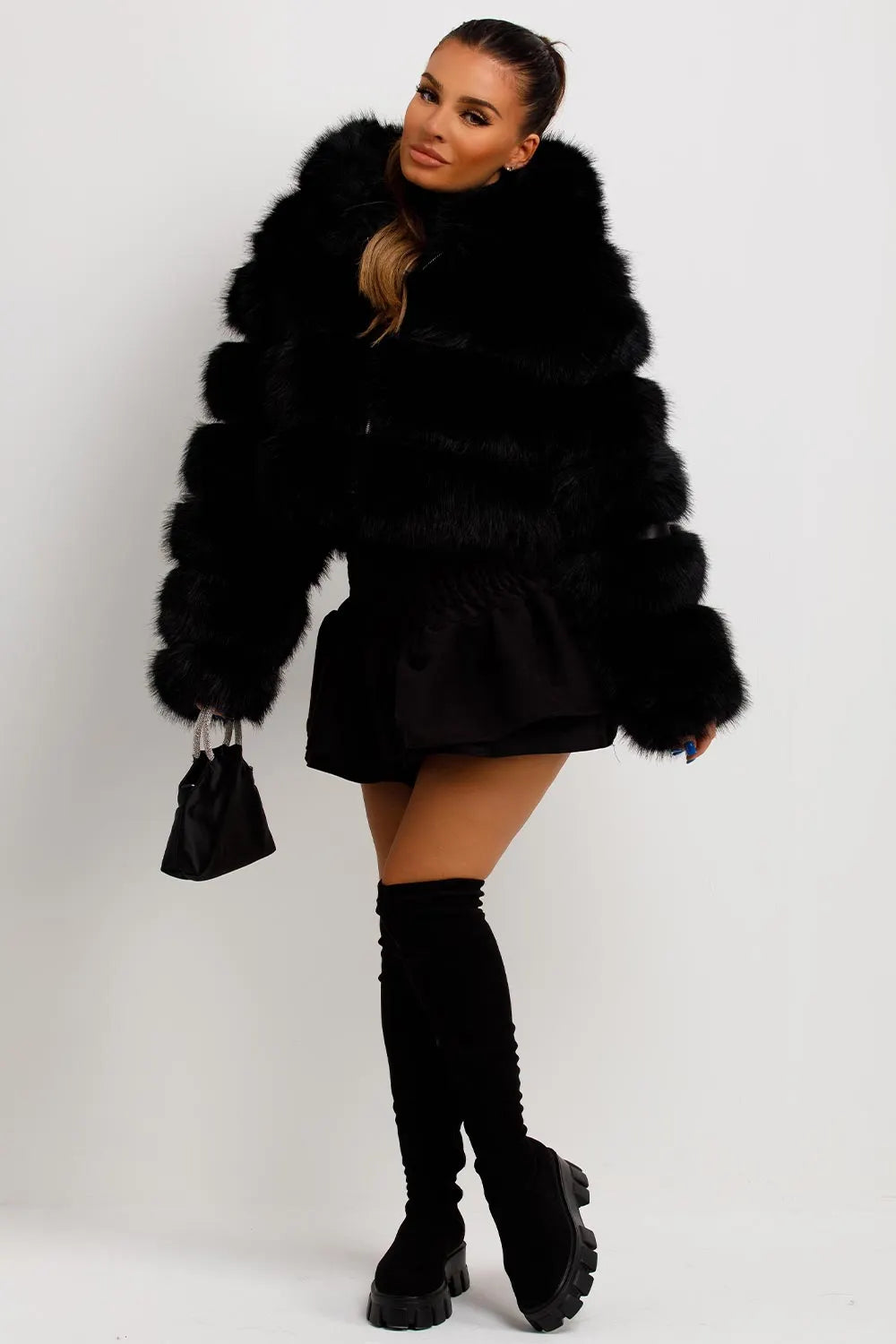 Faux Fur Coat With Hood Black