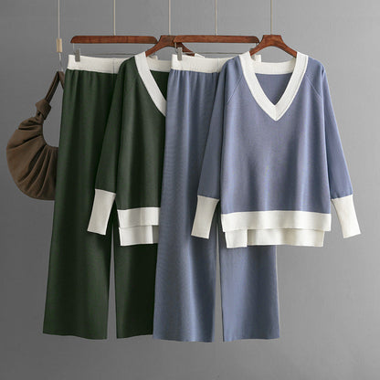 Casual V-Neck Contrast Top & Wide-Leg Pants Two-Piece Set