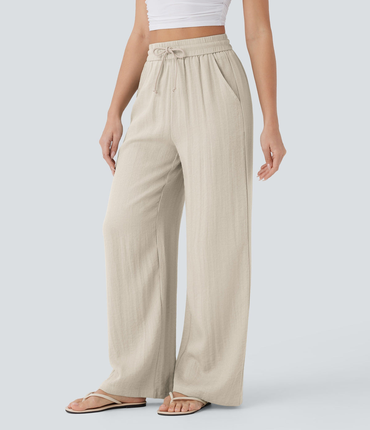 Women Summer High Waisted Drawstring Pocket Wide Leg Casual Linen-Feel Pants