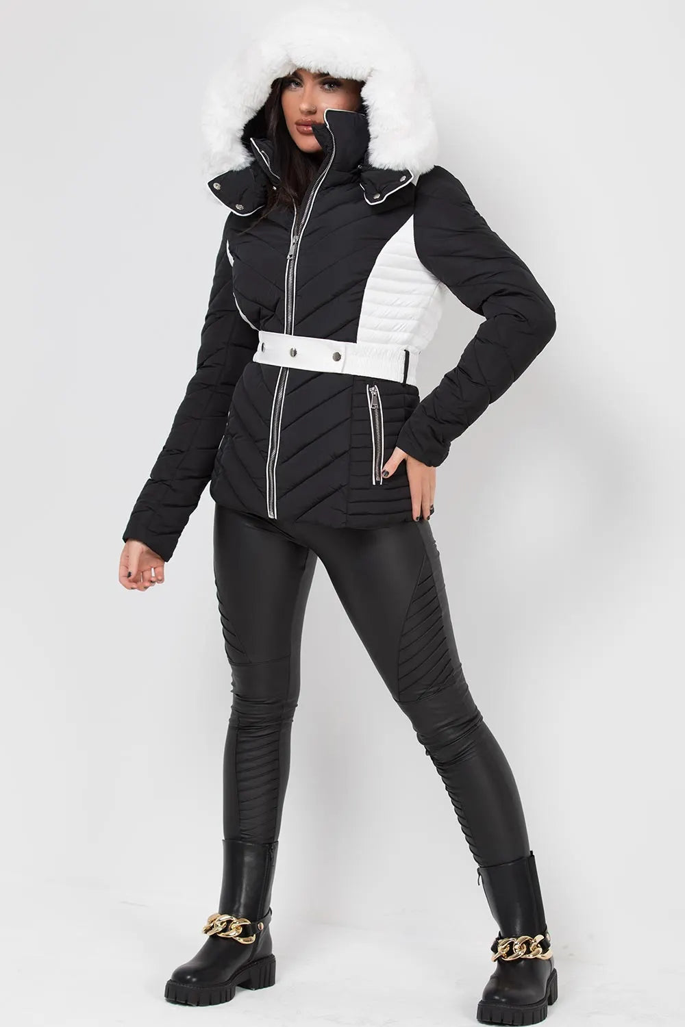 Puffer Quilted Jacket With Faux Fur Hood Belted Black And White