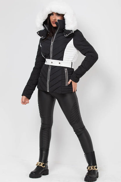 Puffer Quilted Jacket With Faux Fur Hood Belted Black And White