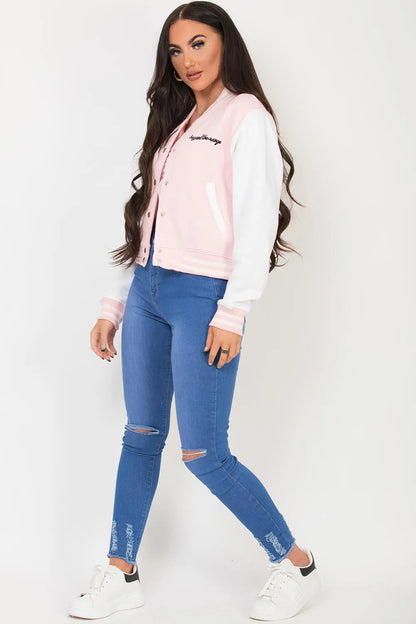 Varsity Bomber Cropped Jacket With B Slogan