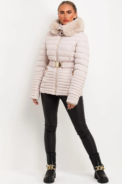 Puffer Jacket With Faux Fur Hood And Gold Belt Beige