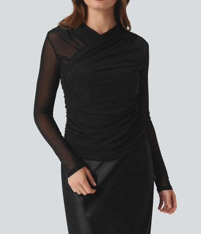 Sheer Mesh Crossover V Neck Ruched Casual Top