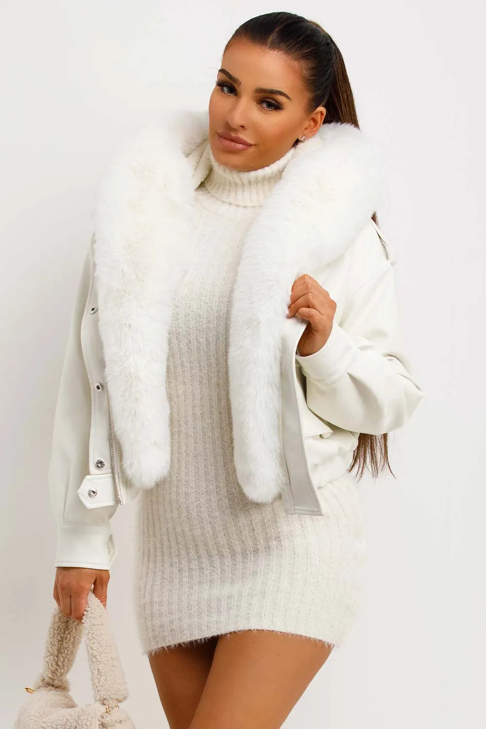 Faux Leather Bomber Jacket With Faux Fur Hood White
