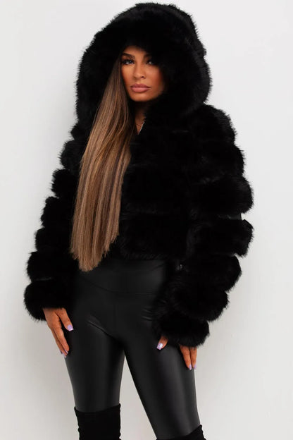 Faux Fur Coat With Hood Black