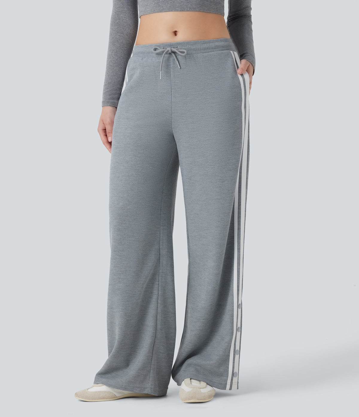 Low Rise Drawstring Color Block Snap Waffle Casual Wide Leg Pants with Pockets