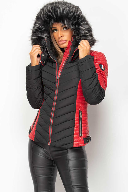 Puffer Coat With Faux Fur Black And Red
