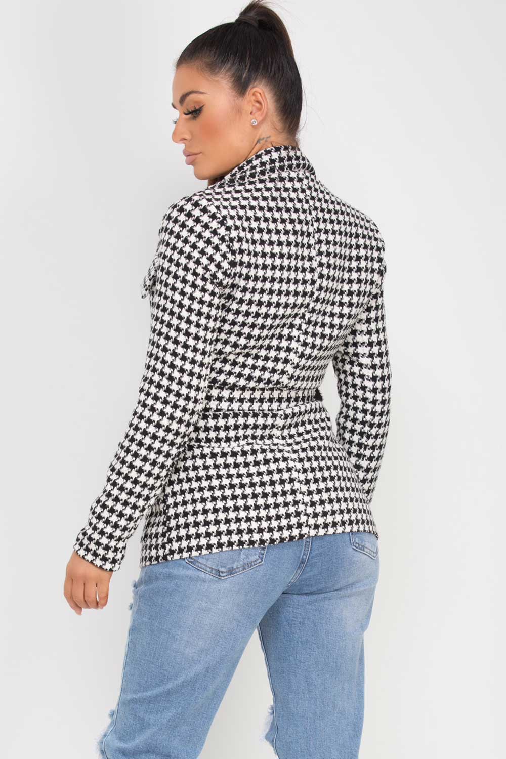 Tweed Blazer With Belt Black And White