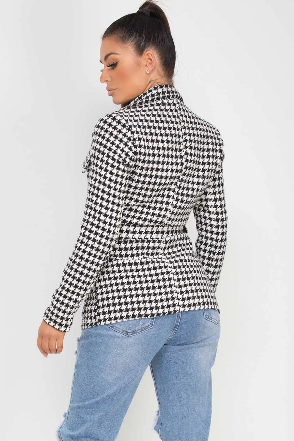 Tweed Blazer With Belt Black And White