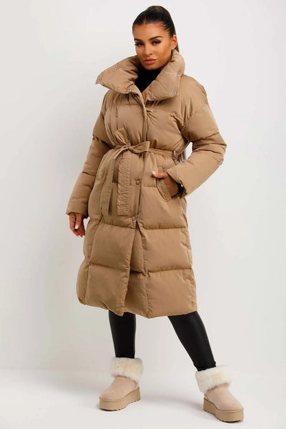 Long Puffer Coat Duvet Style Beige