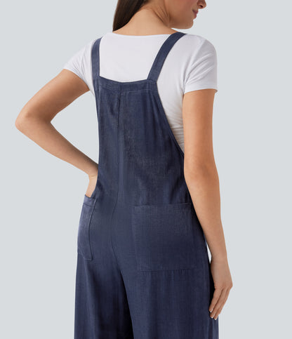 Denim Like Casual Overalls with Pockets-Front and Back Wearable