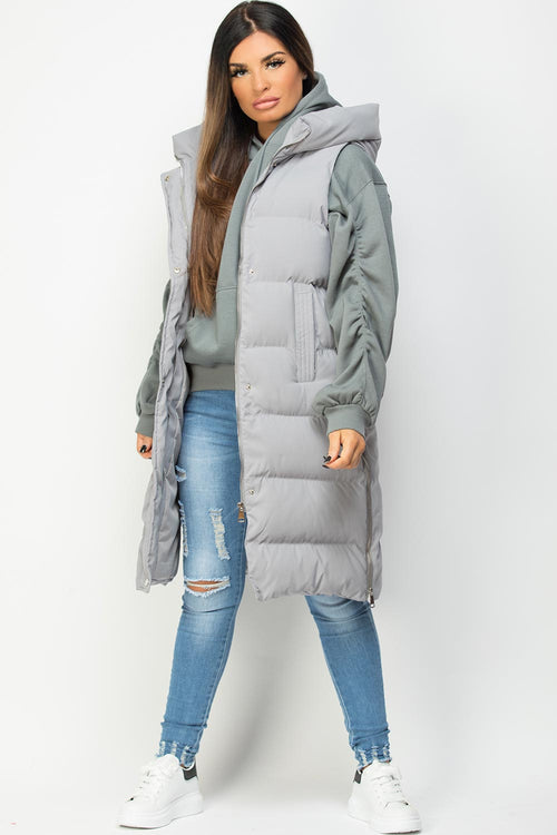 Grey Padded Longline Hooded Gilet