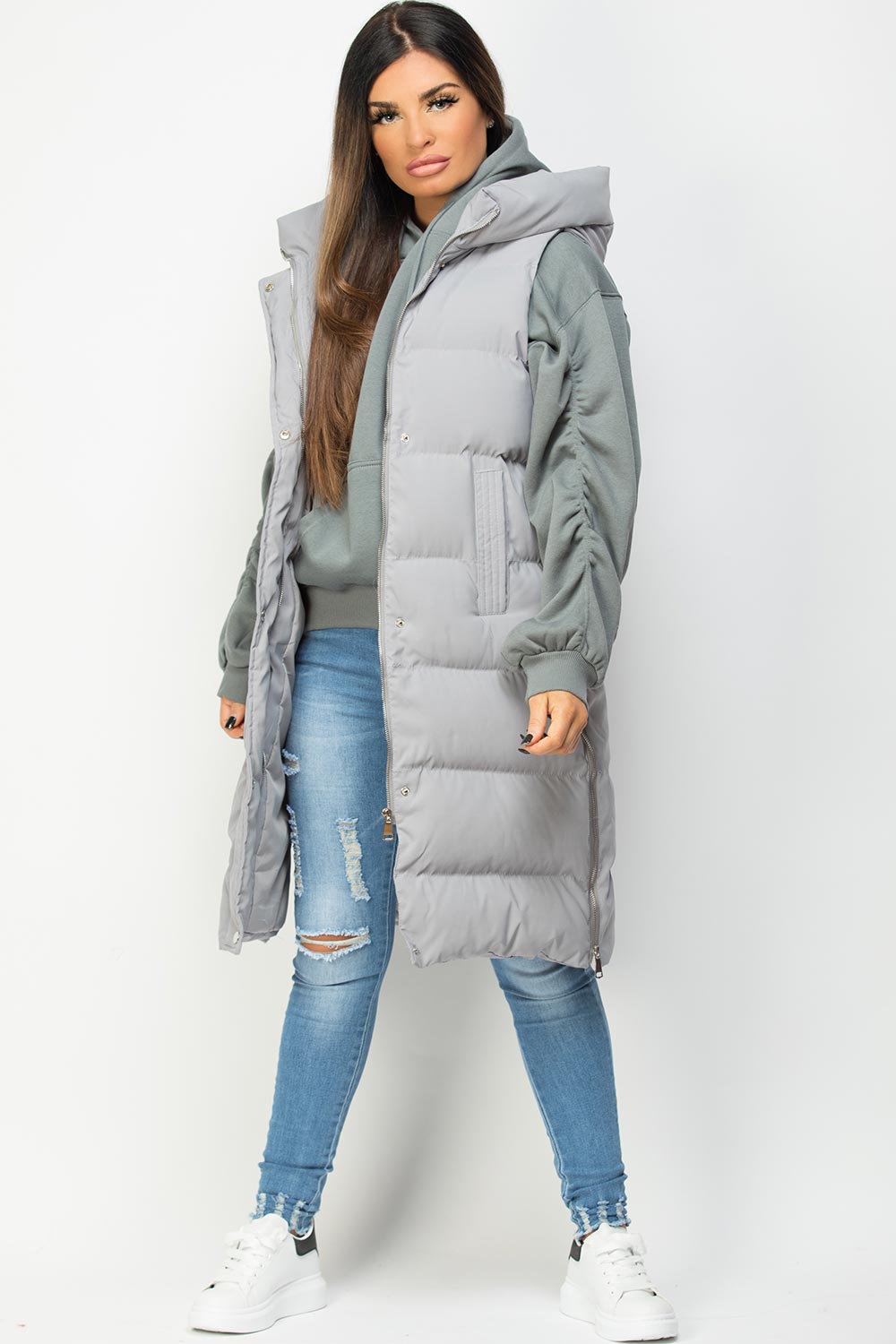 Grey Padded Longline Hooded Gilet