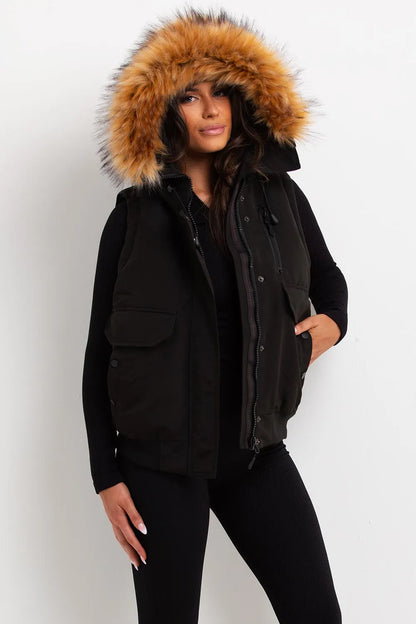 Black Gilet With Faux Fur Hood