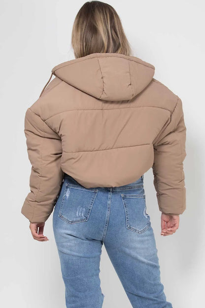 Crop Puffer Jacket With Hood Beige