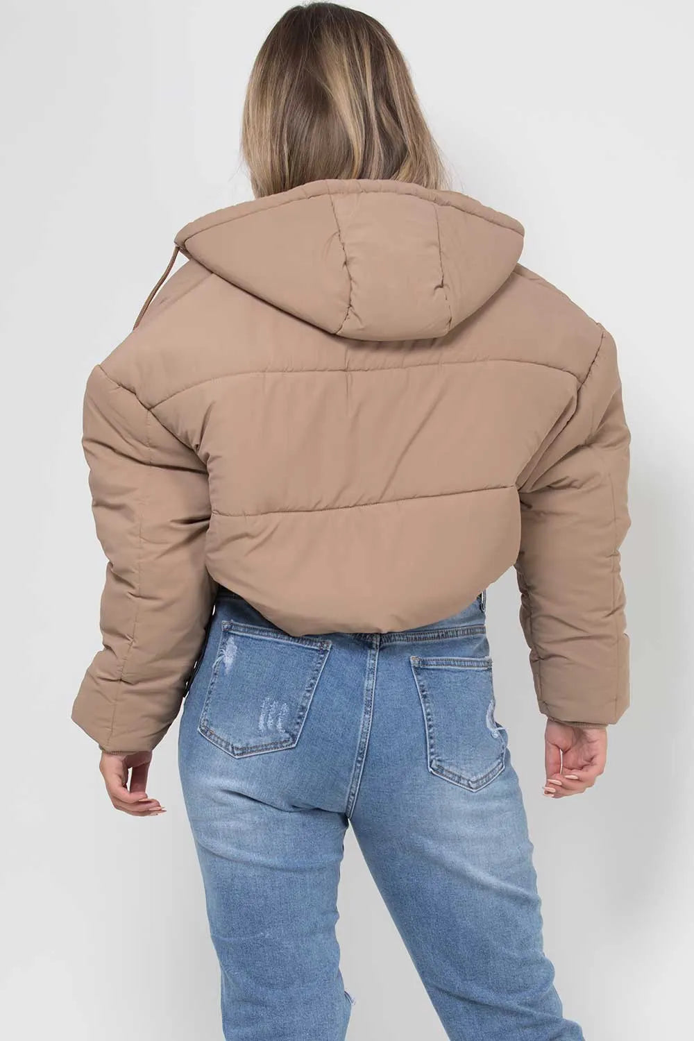 Crop Puffer Jacket With Hood Beige