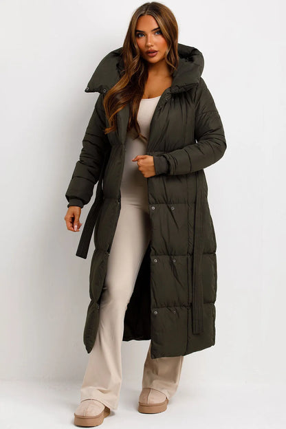 Long Puffer Coat With Hood And Belt Khaki