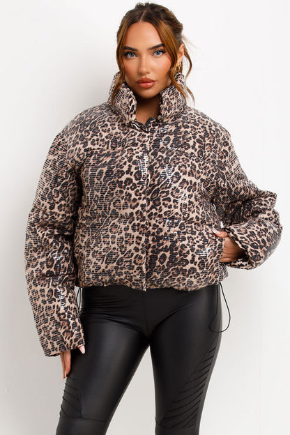 Leopard Print Sequin Puffer Padded Jacket