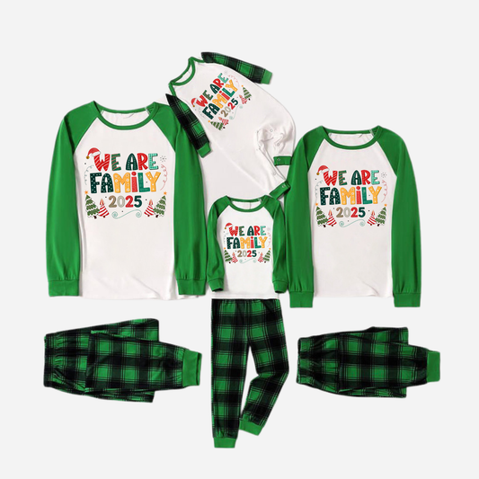 Green Raglan Top Green Plaid Christmas Pajamas Set With "We are Family" Colorful Text Print