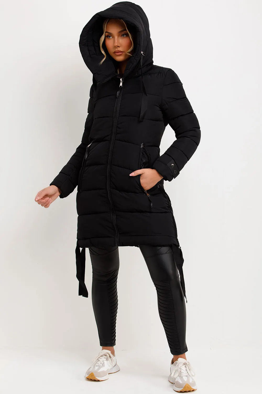 Long Puffer Coat With Hood And Side Straps Black
