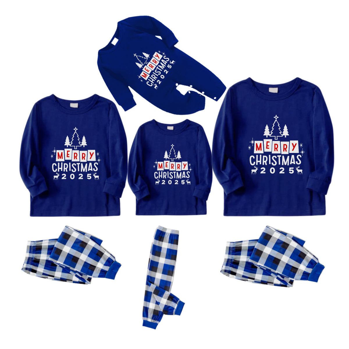 Christmas Family Matching Pajamas-Navy & White Plaid Pjs Set with "Merry Christmas 2025" Print