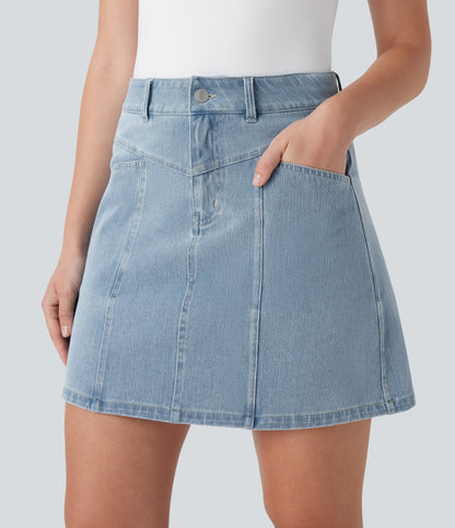 FlexTM Mid Rise A Line Stretchy Knit Denim Mini Casual Skirt with Pockets