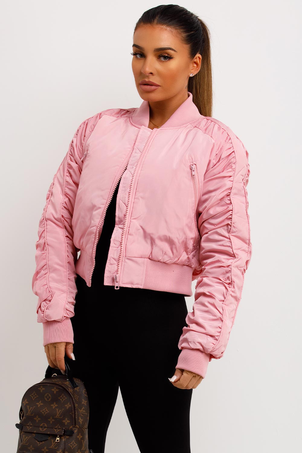 Bomber Jacket With Ruched Sleeves Pink