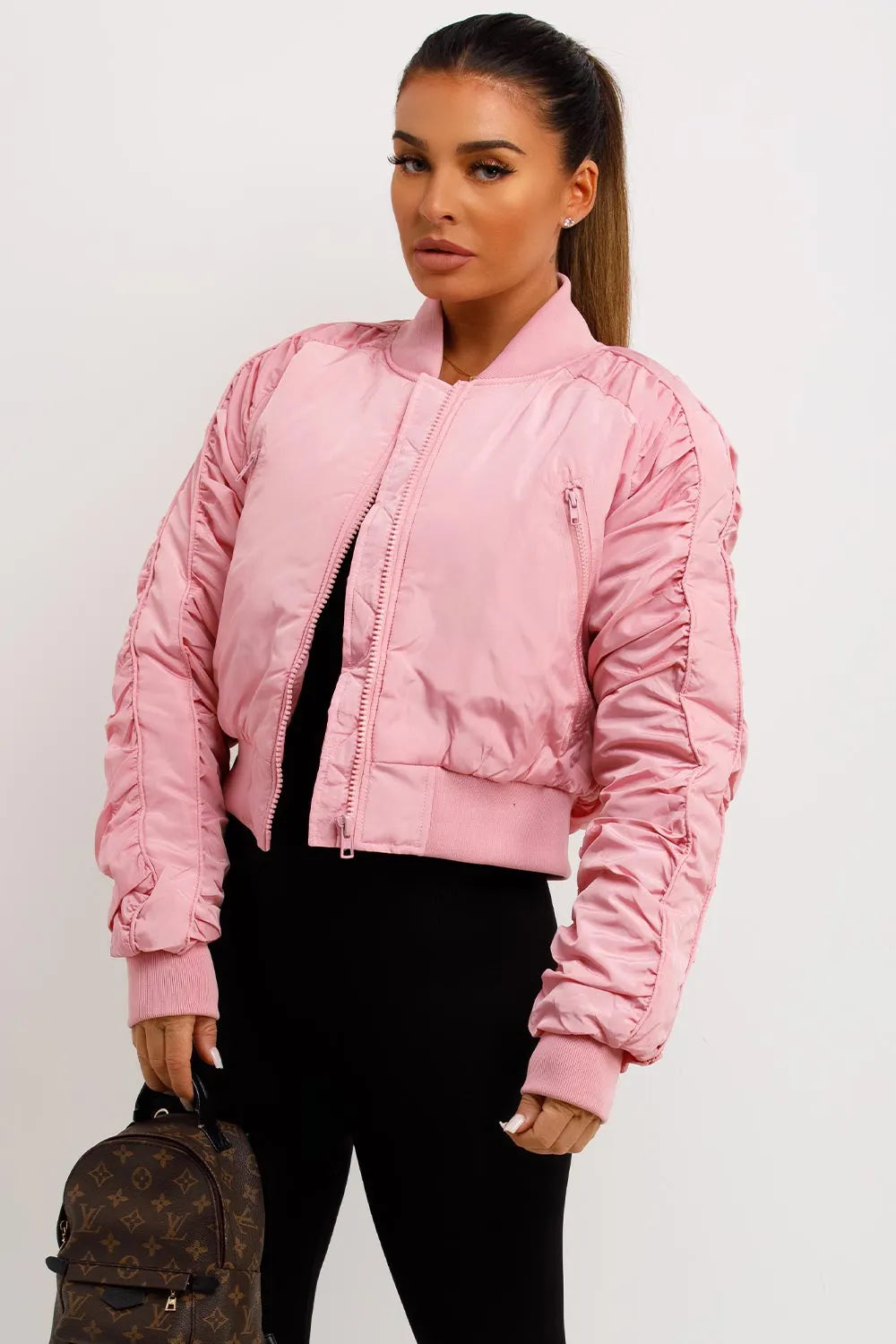Bomber Jacket With Ruched Sleeves Pink