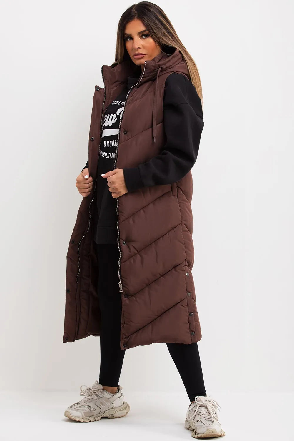 Brown Long Gilet With Chevron Padded Style