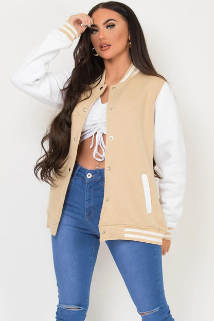Varsity Contrast Bomber Jacket Beige
