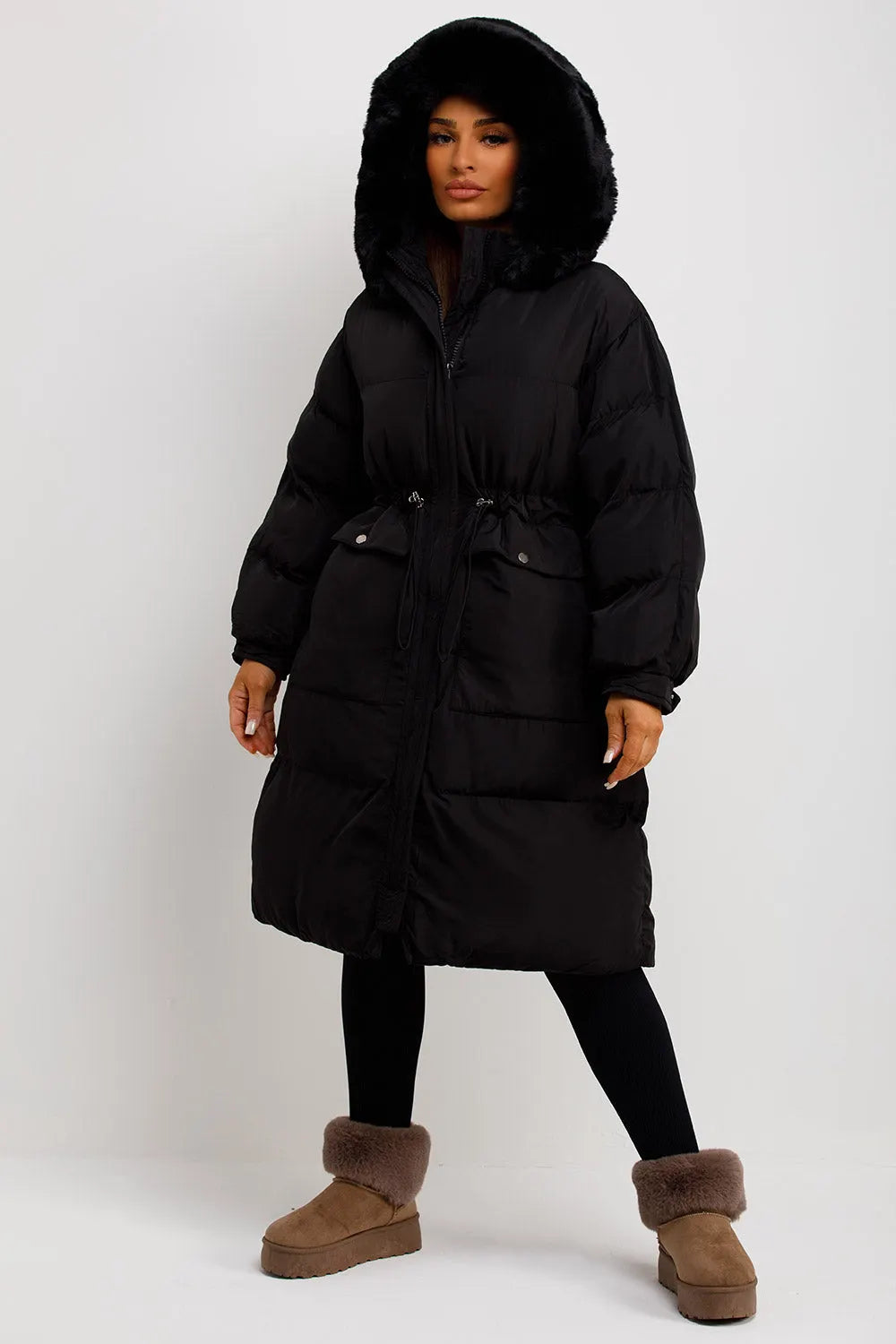 Long Black Puffer Coat With Faux Fur Hood And Drawstring Waist