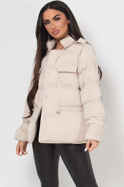 Puffer Jacket With Elasticated Drawstring Beige