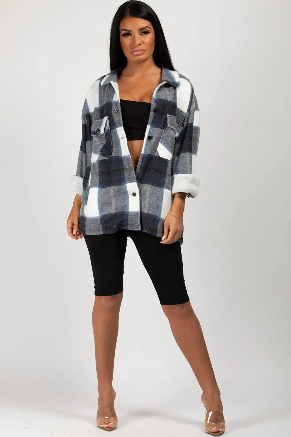 Navy Check Oversized Shacket Shirt Jacket