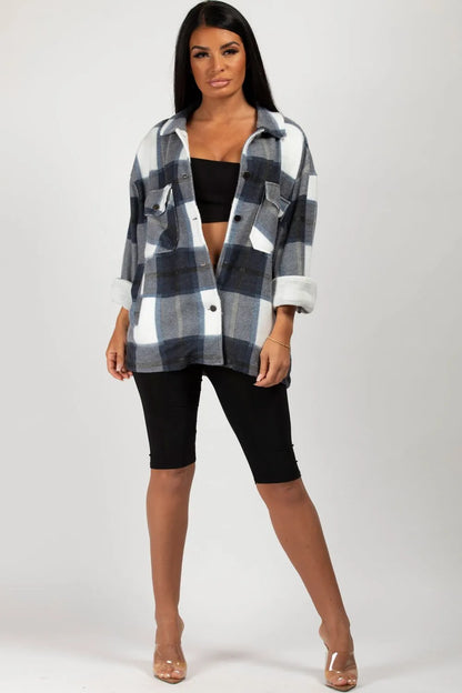 Navy Check Oversized Shacket Shirt Jacket