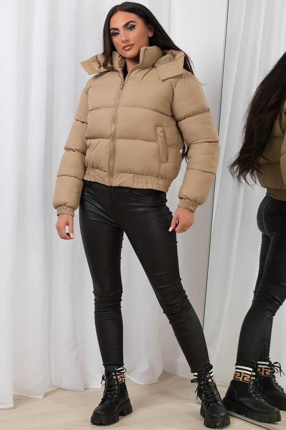 Cropped Puffer Jacket with Hood Beige