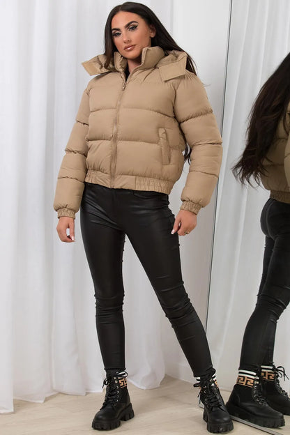 Cropped Puffer Jacket with Hood Beige