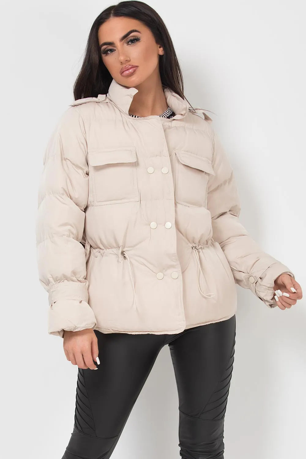 Puffer Jacket With Elasticated Drawstring Beige