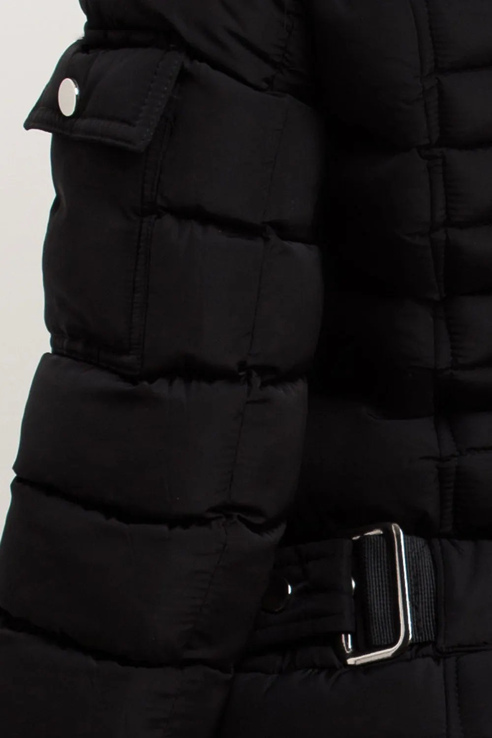 Puffer Jacket With Faux Fur Hood Side Buckle Detail Black