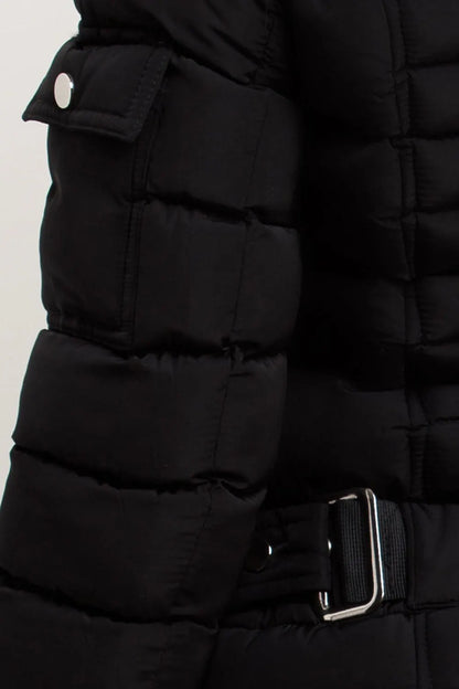Puffer Jacket With Faux Fur Hood Side Buckle Detail Black