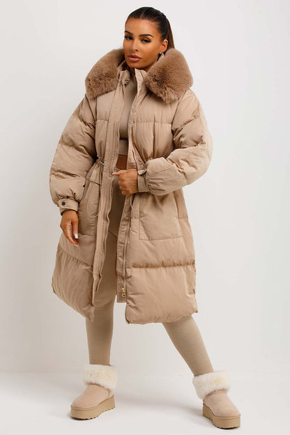 Long Puffer Coat With Faux Fur Hood And Drawstring Waist Beige