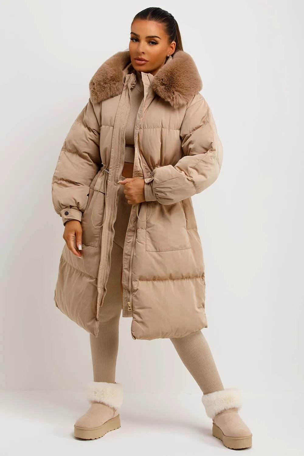 Long Puffer Coat With Faux Fur Hood And Drawstring Waist Beige