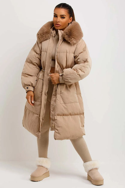 Long Puffer Coat With Faux Fur Hood And Drawstring Waist Beige