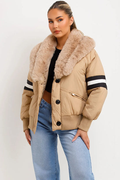 Aviator Bomber Jacket With Faux Fur And Stripe Detail Beige