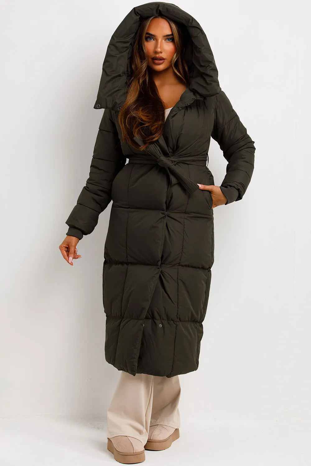 Long Puffer Coat With Hood And Belt Khaki